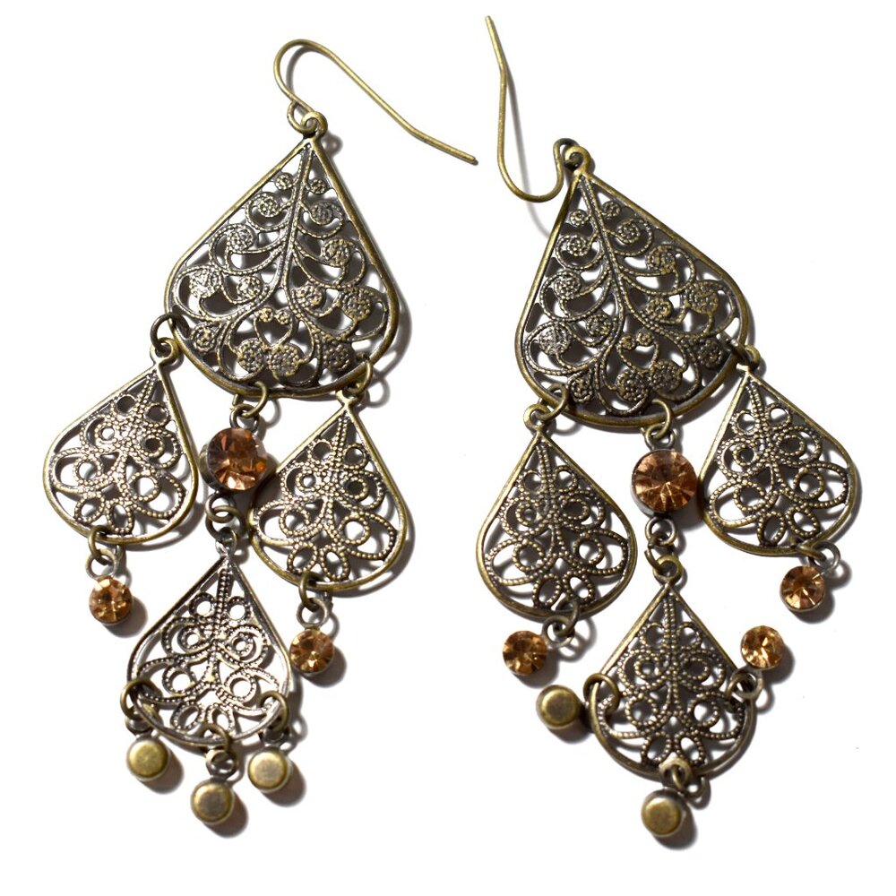 Bohemian copper finish chandelier earrings with amber color crystals